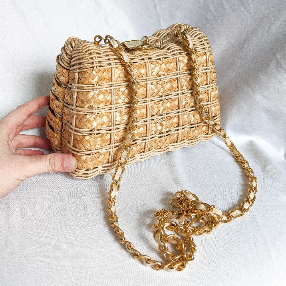 Vintage Wicker Woven Picnic Basket Style Purse